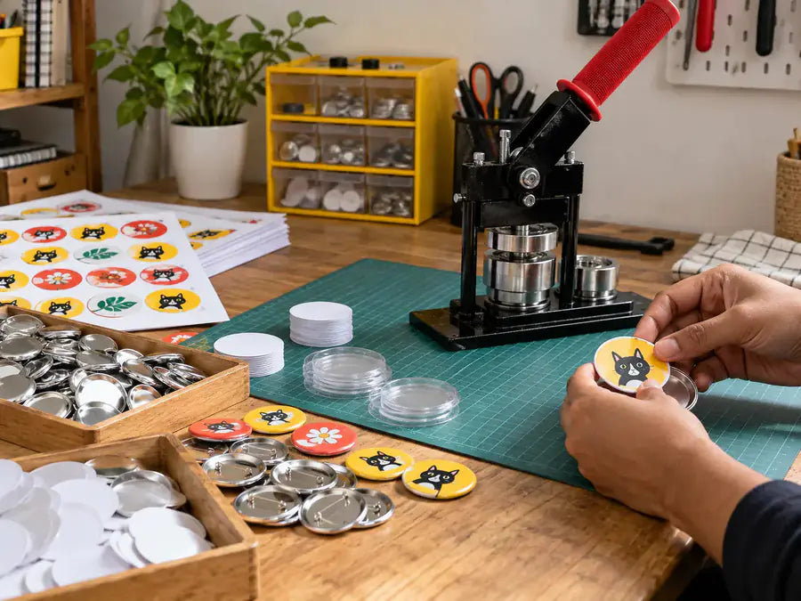A compact home workbench set up for making custom photo magnets
